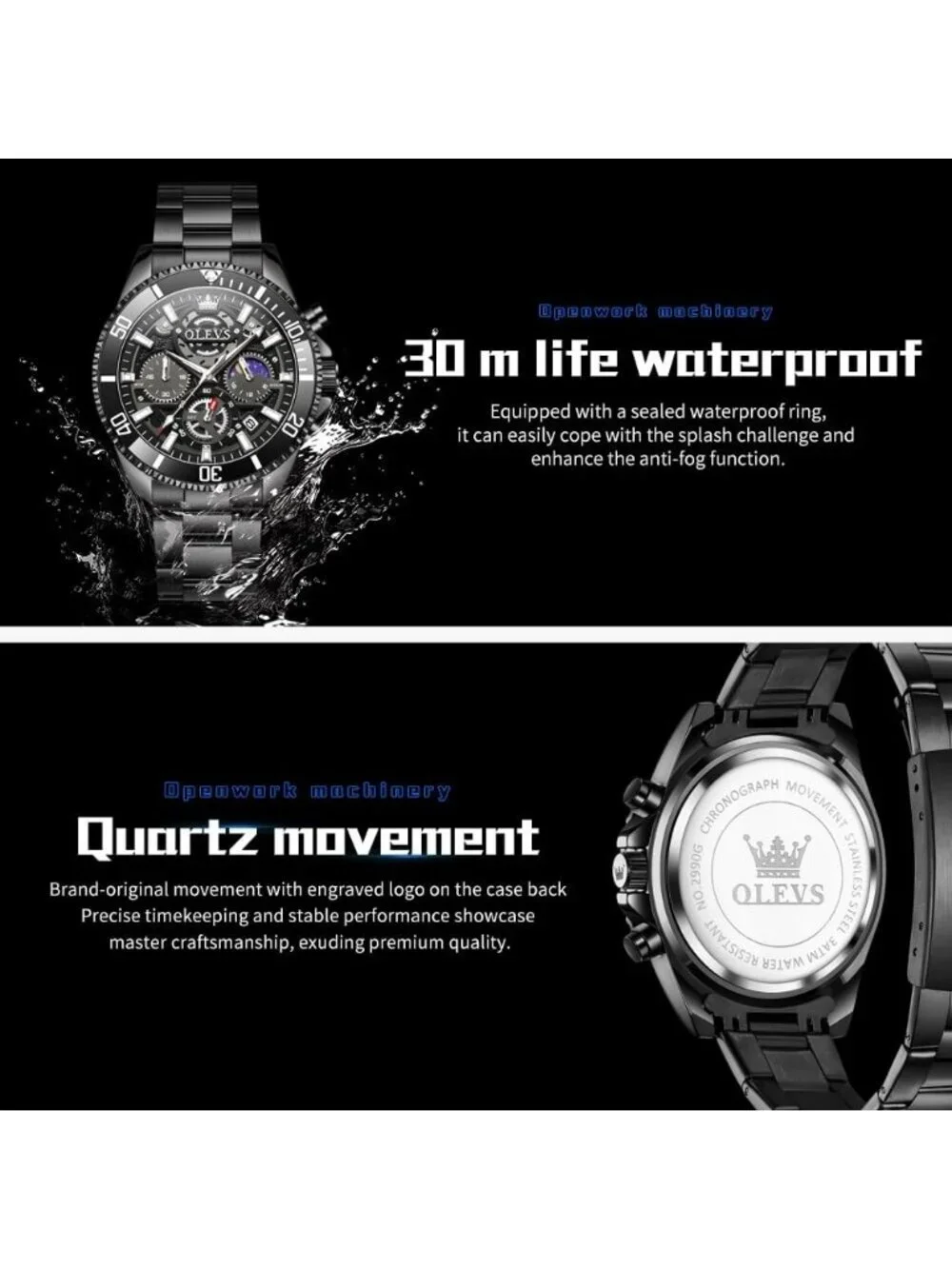 Men's All Black Stainless Steel Waterproof Business Date Dress Wrist Watches